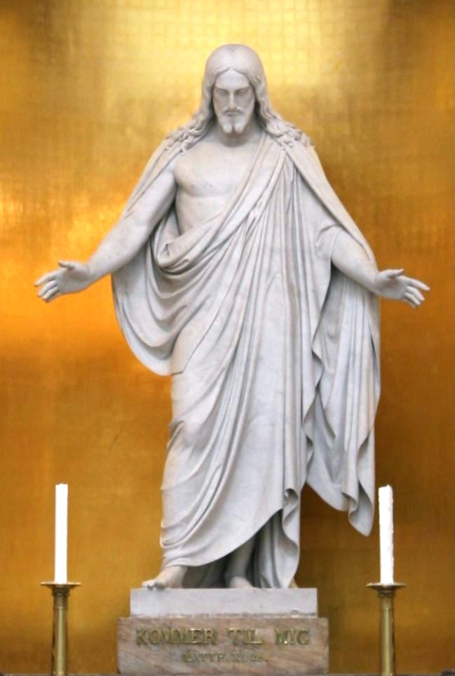 Statue of Christ, by Thorvaldsen, Vor Frue Kirke, Copenhagen. Picture from Wikipedia. 